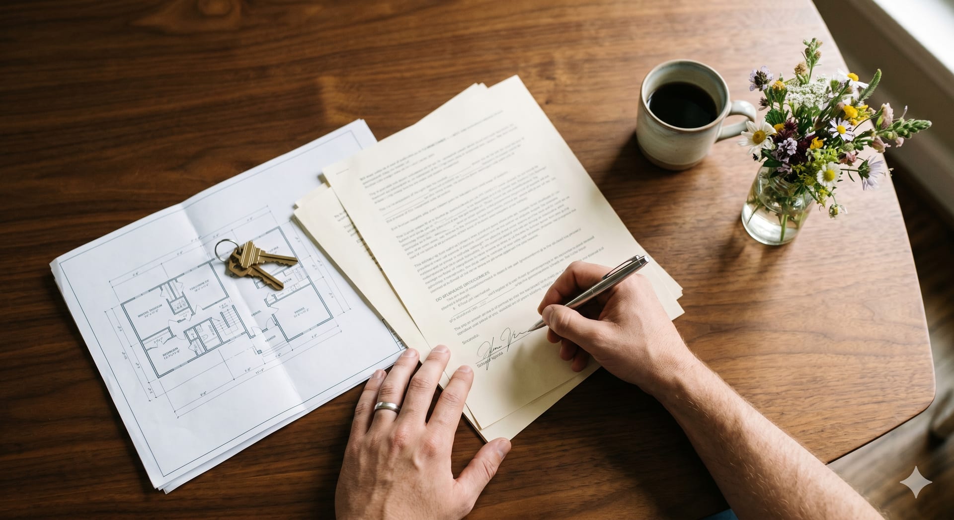 Closing day documents, house keys, and a pen laid out on a wooden table