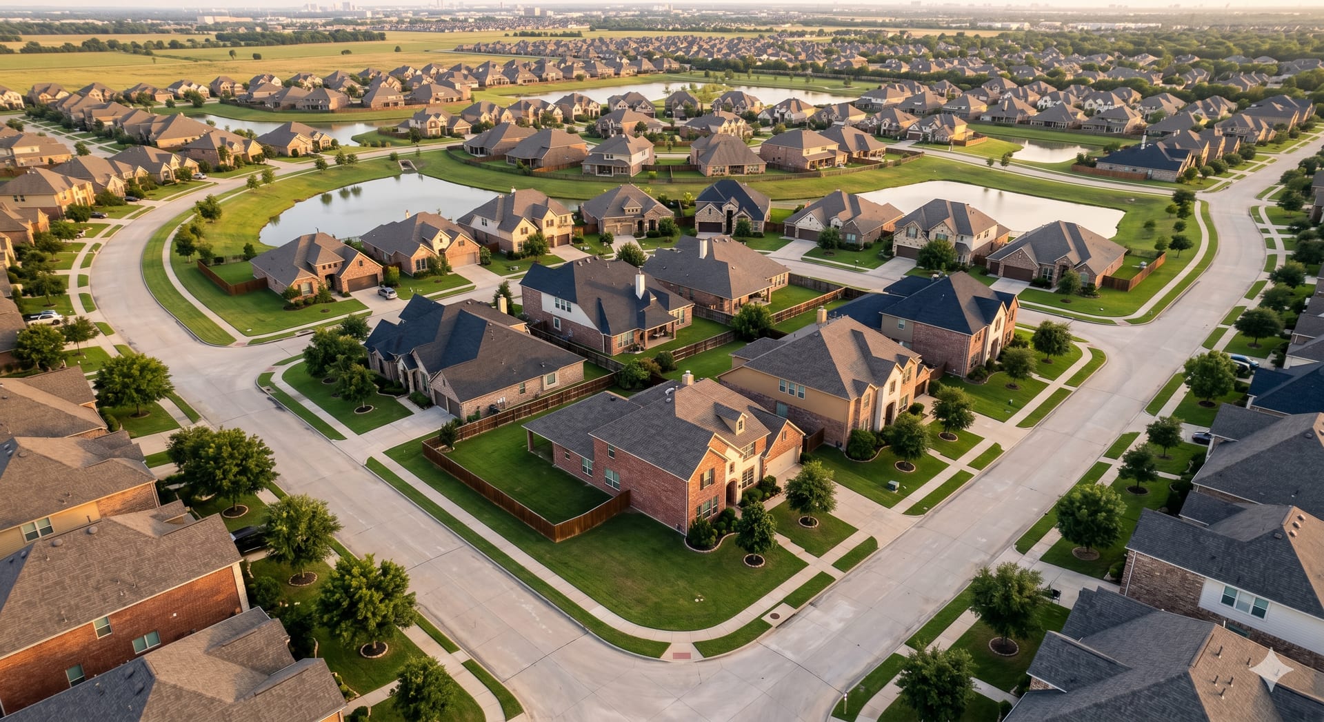 Aerial view of a Houston suburban neighborhood with modern homes and winding streets
