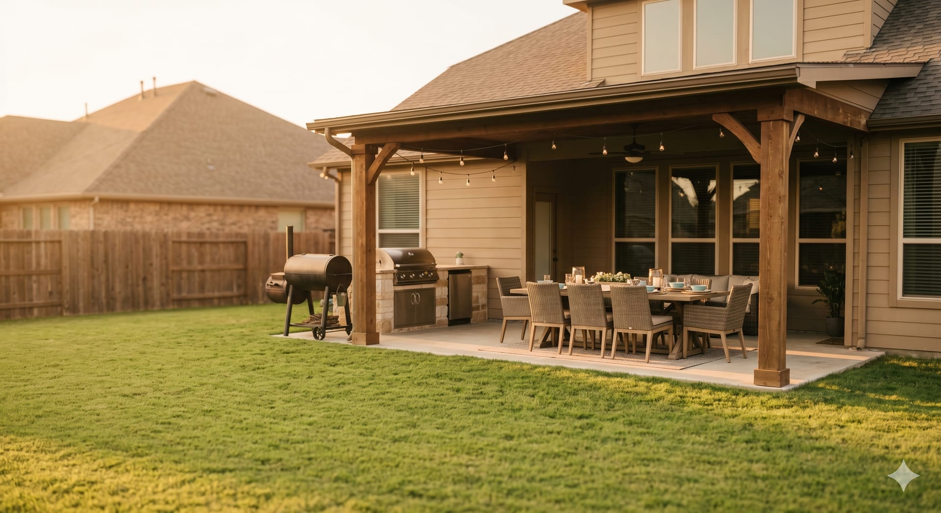 Spacious Texas backyard with covered patio, dining table, and smoker at golden hour