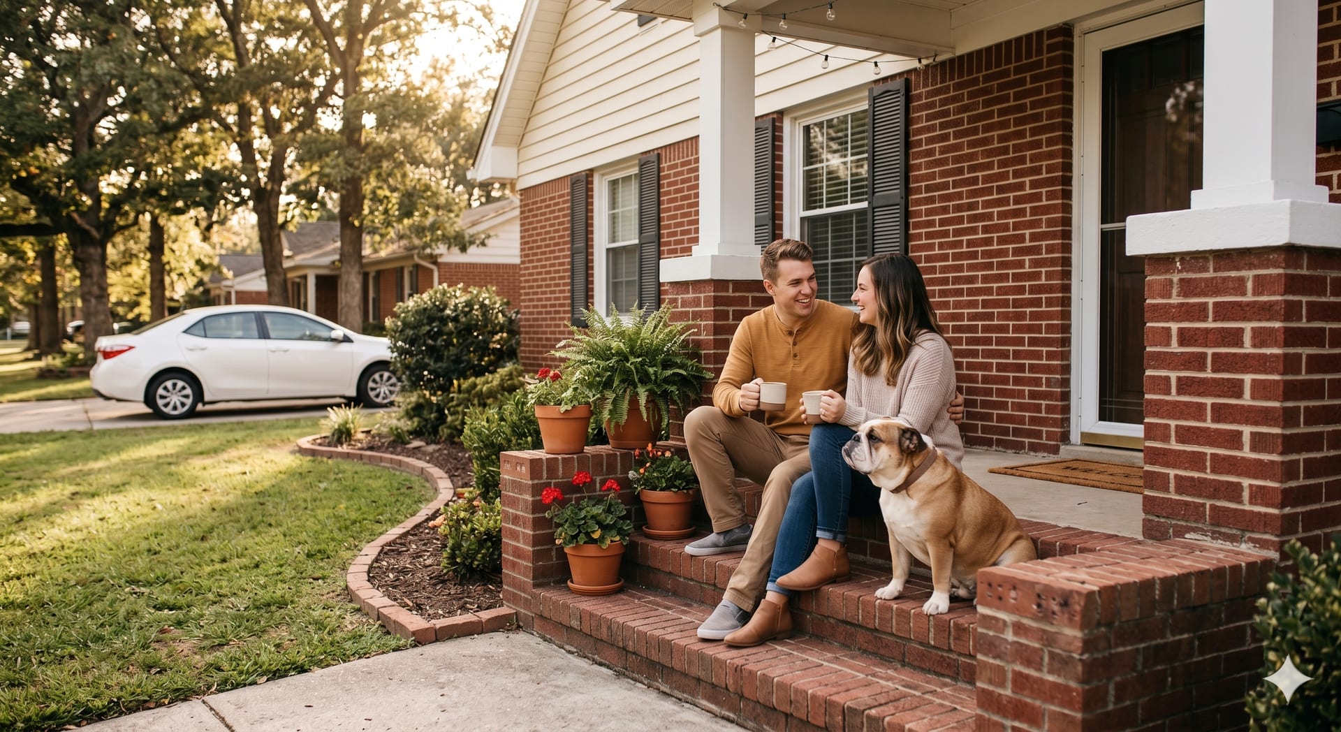 Couple relaxing with coffee and their dog on the front porch of their first Houston home